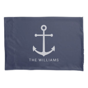 Nautical White Anchor and Custom Name on Navy Blue Kussensloop