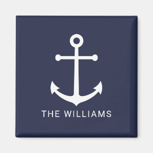 Nautical White Anchor and Custom Name on Navy Blue Magneet