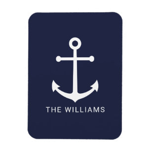 Nautical White Anchor and Custom Name on Navy Blue Magneet