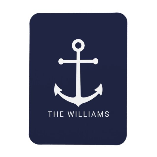 Nautical White Anchor and Custom Name on Navy Blue Magneet (Verticaal)