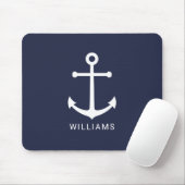 Nautical White Anchor and Custom Name on Navy Blue Muismat (Met muis)