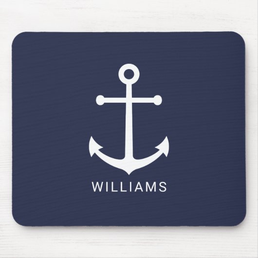 Nautical White Anchor and Custom Name on Navy Blue Muismat (Voorkant)