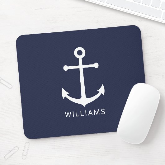 Nautical White Anchor and Custom Name on Navy Blue Muismat