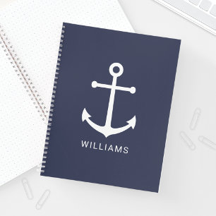 Nautical White Anchor and Custom Name on Navy Blue Notitieboek