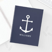 Nautical White Anchor and Custom Name on Navy Blue Notitieboek
