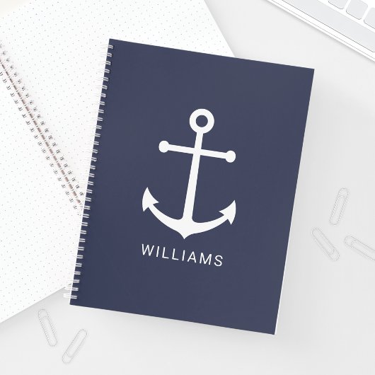 Nautical White Anchor and Custom Name on Navy Blue Notitieboek