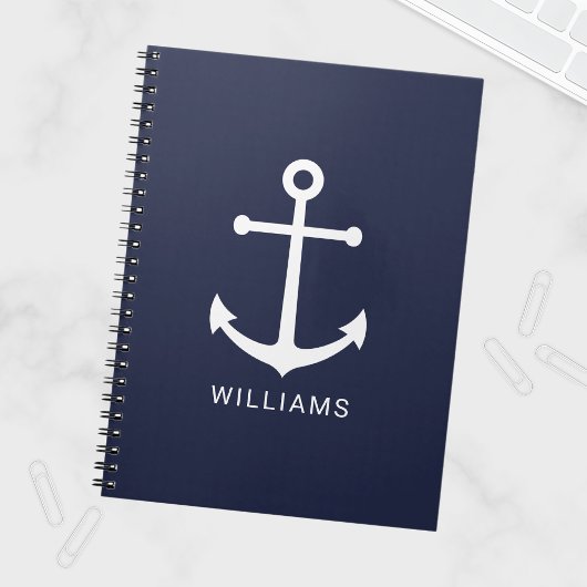 Nautical White Anchor and Custom Name on Navy Blue Notitieboek