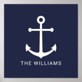 Nautical White Anchor and Custom Name on Navy Blue Poster (Voorkant)