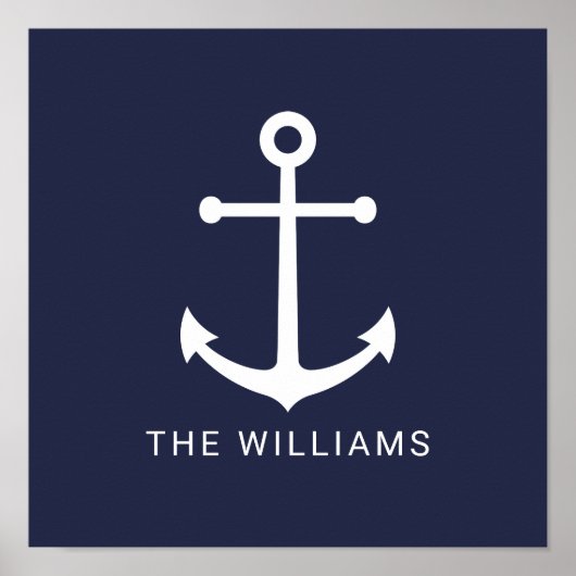 Nautical White Anchor and Custom Name on Navy Blue Poster (Voorkant)