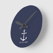 Nautical White Anchor and Custom Name on Navy Blue Ronde Klok (Hoek)