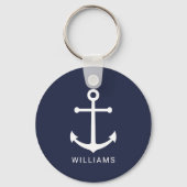Nautical White Anchor and Custom Name on Navy Blue Sleutelhanger (Voorkant)