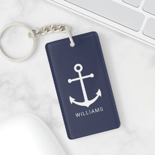 Nautical White Anchor and Custom Name on Navy Blue Sleutelhanger