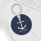Nautical White Anchor and Custom Name on Navy Blue Sleutelhanger