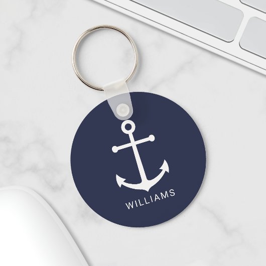 Nautical White Anchor and Custom Name on Navy Blue Sleutelhanger