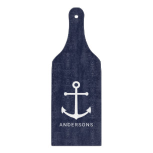 Nautical White Anchor and Custom Name on Navy Blue Snijplank