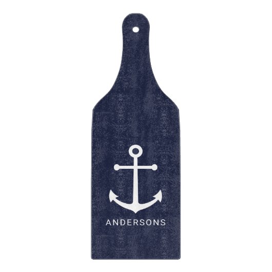 Nautical White Anchor and Custom Name on Navy Blue Snijplank (Voorkant)