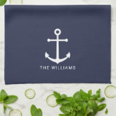 Nautical White Anchor and Custom Name on Navy Blue Theedoek (Gevouwen)