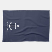 Nautical White Anchor and Custom Name on Navy Blue Theedoek (Horizontaal)