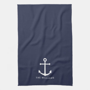 Nautical White Anchor and Custom Name on Navy Blue Theedoek