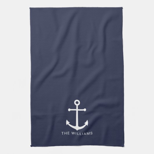 Nautical White Anchor and Custom Name on Navy Blue Theedoek (Verticaal)