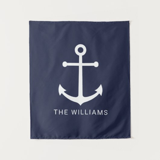 Nautical White Anchor and Custom Name on Navy Blue Wandkleed (Voorkant)