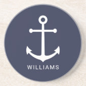 Nautical White Anchor and Custom Name on Navy Blue Zandsteen Onderzetter (Voorkant)