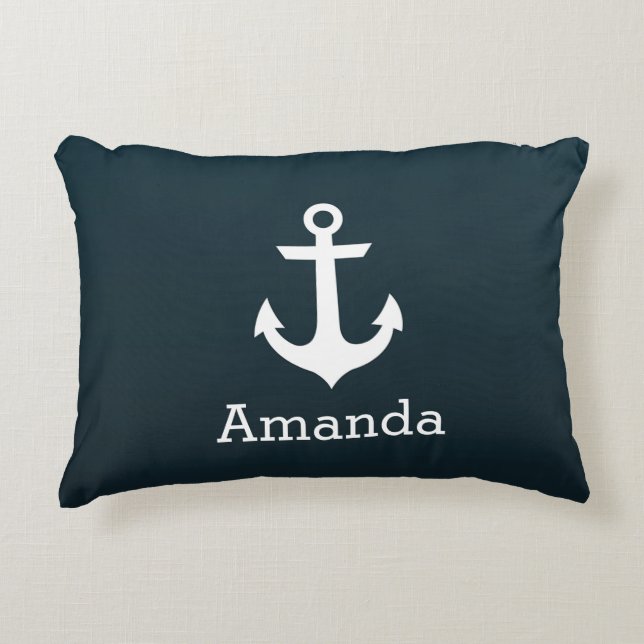 Nautical White Anchor Blue Ombre Persoonlijke naam Accent Kussen (Voorkant)