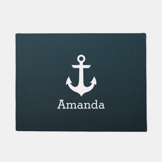 Nautical White Anchor Blue Ombre Persoonlijke naam Deurmat (Voorkant)