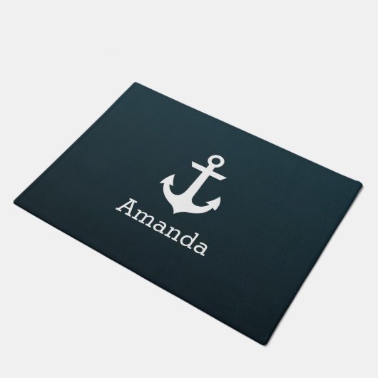 Nautical White Anchor Blue Ombre Persoonlijke naam Deurmat (Schuin)