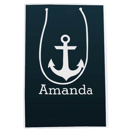 Nautical White Anchor Blue Ombre Persoonlijke naam Medium Cadeauzakje (Voorkant)