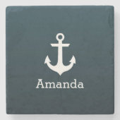 Nautical White Anchor Blue Ombre Persoonlijke naam Stenen Onderzetter (Voorkant)
