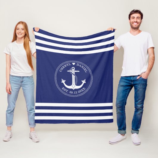Nautical White Anchor Blue Stripe Monogram van bru Fleece Deken (In situ)