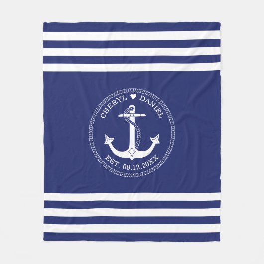 Nautical White Anchor Blue Stripe Monogram van bru Fleece Deken (Voorkant)