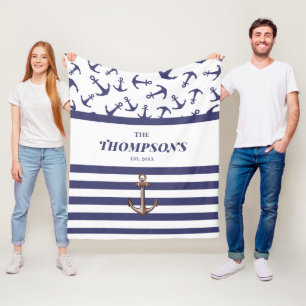 Nautical White Anchor Blue Stripe Monogram van bru Fleece Deken