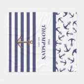 Nautical White Anchor Blue Stripe Monogram van bru Fleece Deken (Voorkant (Horizontaal))