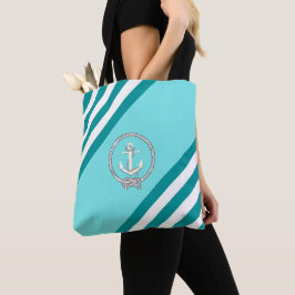 Nautical white anchor/marine knot/blue/aqua stripe tote bag