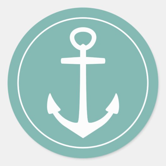 Nautical White Anchor on Blauwgroen Ronde Sticker (Voorkant)