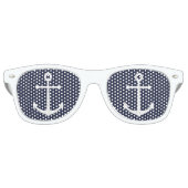 Nautical White Anchor op Navy Blue Retro Zonnebril (Voorkant)