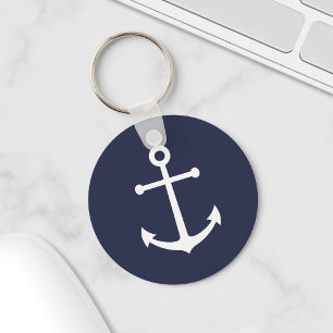 Nautical White Anchor op Navy Blue Sleutelhanger