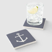 Nautical White Anchor op Navy Blue Stenen Onderzetter (Zijkant)