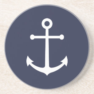 Nautical White Anchor op Navy Blue Zandsteen Onderzetter