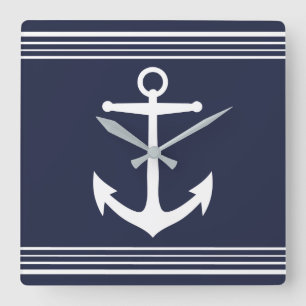 Nautical White Anchor & Stripes Navy Blue Vierkante Klok