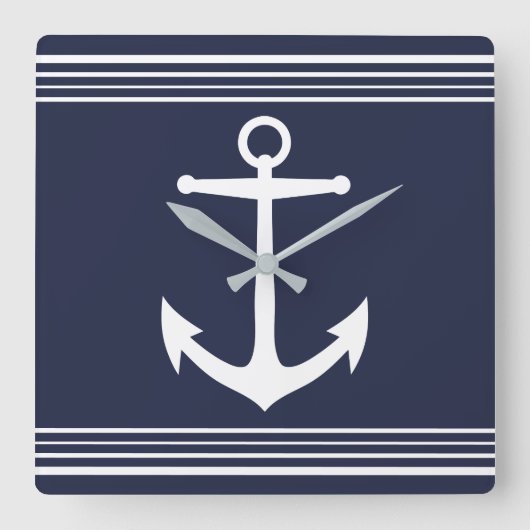 Nautical White Anchor & Stripes Navy Blue Vierkante Klok (Voorkant)