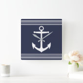 Nautical White Anchor & Stripes Navy Blue Vierkante Klok (Huis)