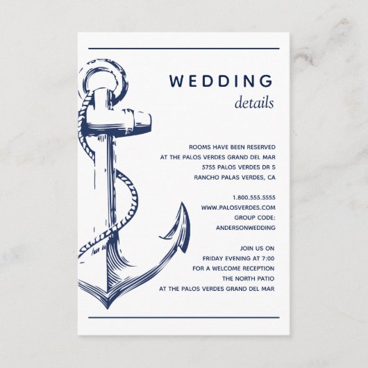 Nautical White Anchor Wedding Detail Informatiekaartje (Voorkant)