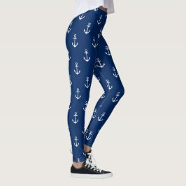 Nautical White Anchors on Navy Blue Leggings