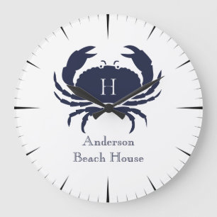 Nautical White Crab Navy Blue Coastal Monogram Lar Grote Klok