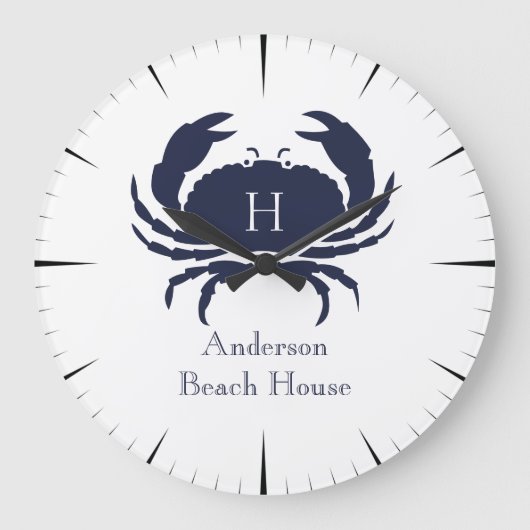 Nautical White Crab Navy Blue Coastal Monogram Lar Grote Klok (Voorkant)