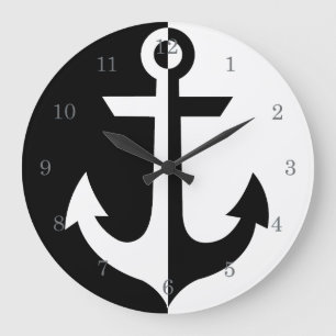 Nautical White en Black Anchor {kies uw kleur} Grote Klok