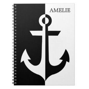 Nautical White en Black Anchor {kies uw kleur} Notitieboek